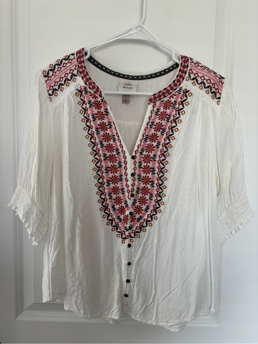Knox Rose White Peasant Tunic with Pink & Brown Embroidery